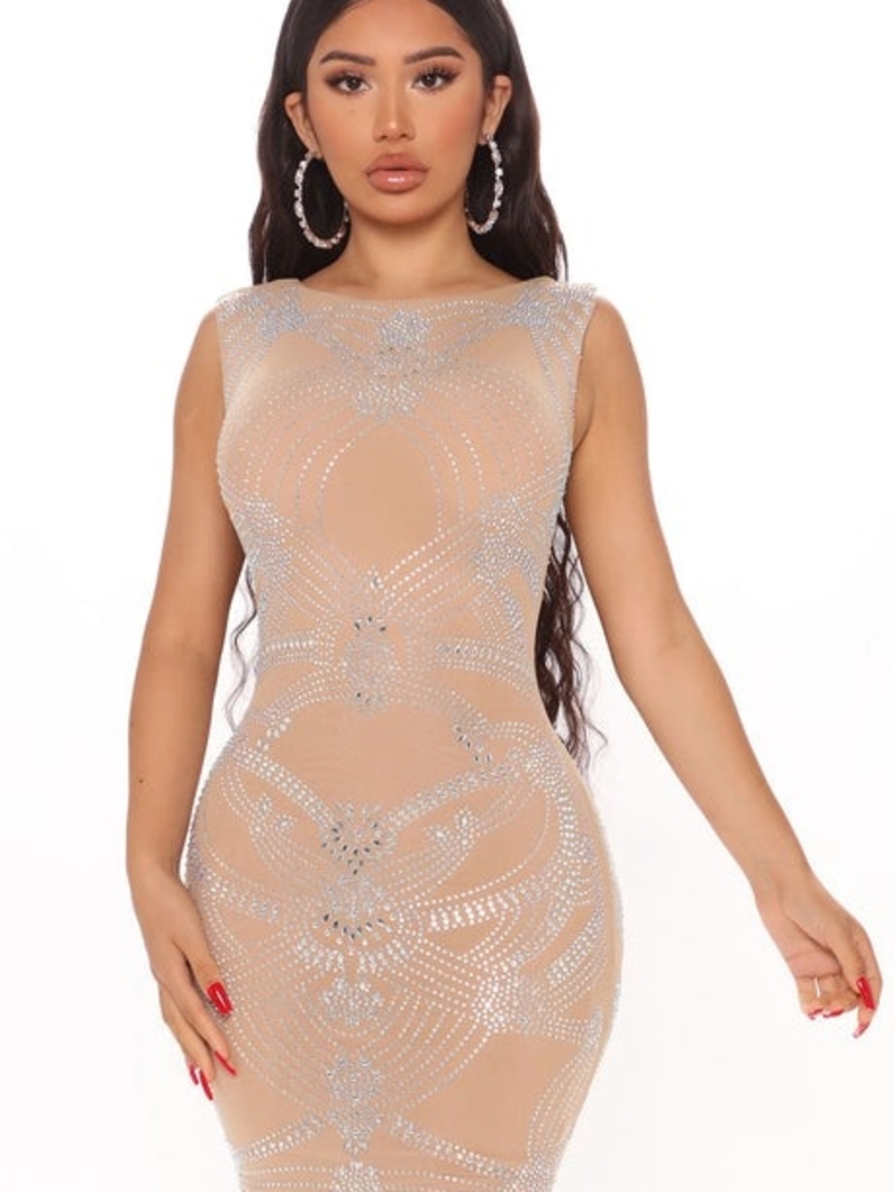 Nude Embellished Bodycon Dress with Silver Crystal Detailing Fashion Nova